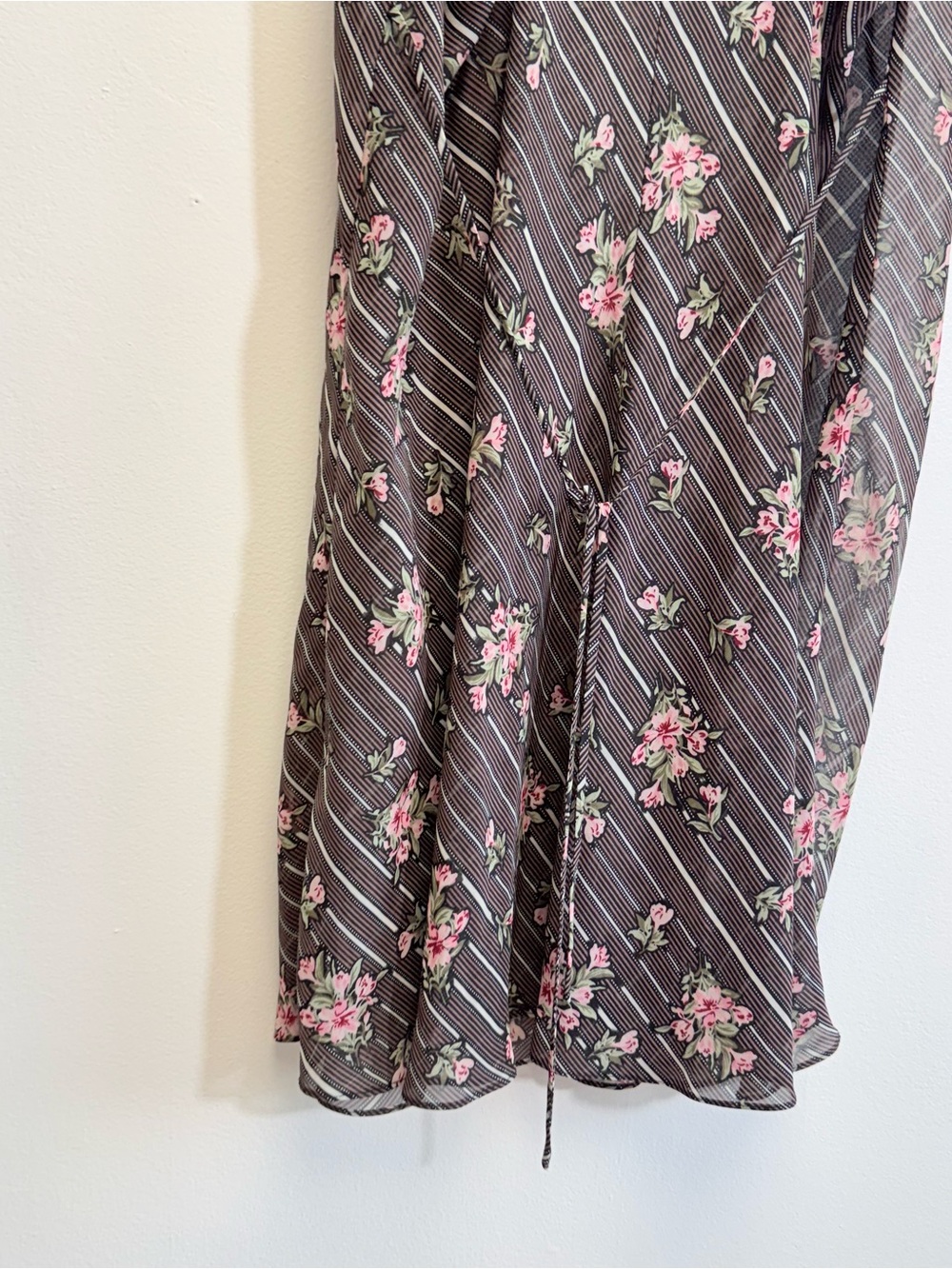 VTG Y2K Black Pink Floral Stripe Sheer Mini Slip Dress Large Coquette Bow - Picture 6 of 9